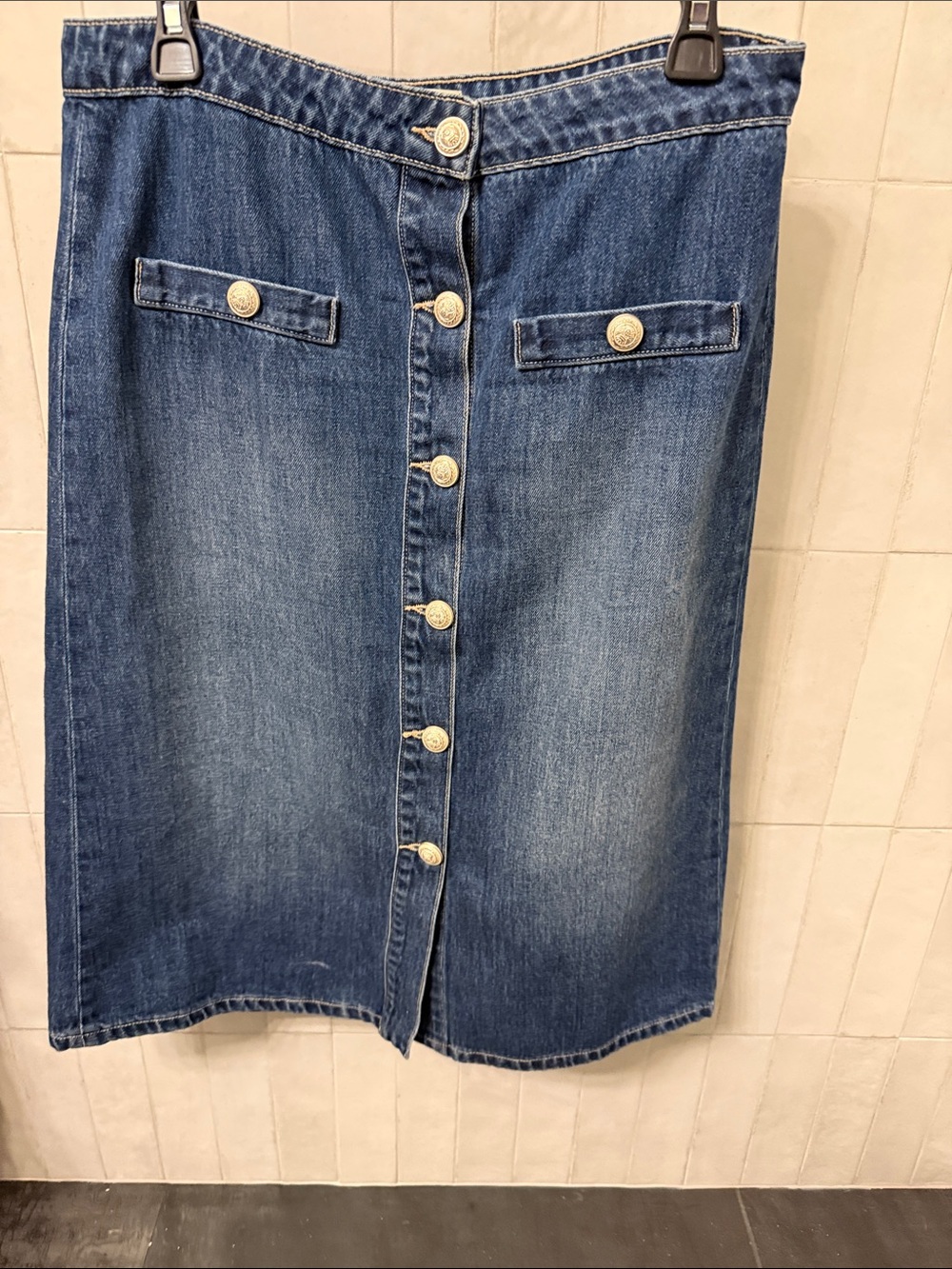 L'AGENCE Blue Denim Button-Front Midi Skirt